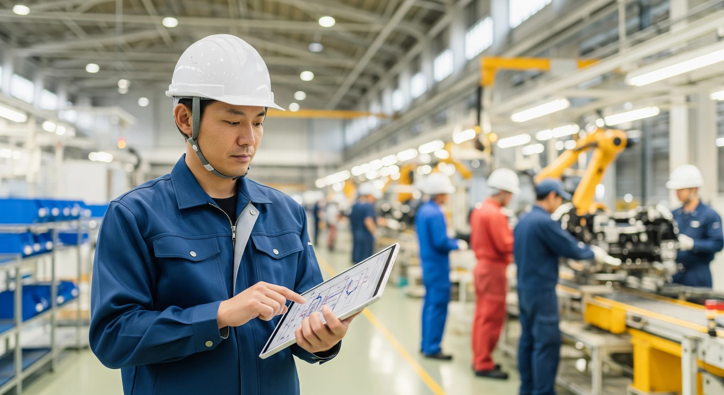 海外工場で図面を確認する日本人技術者