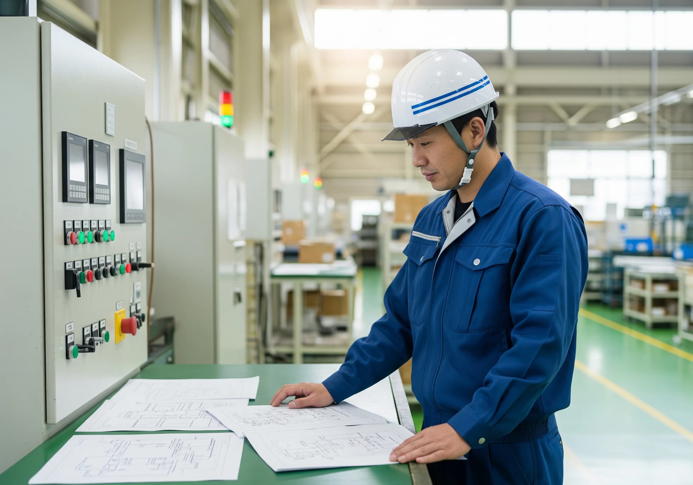 工場内で図面を確認する代表